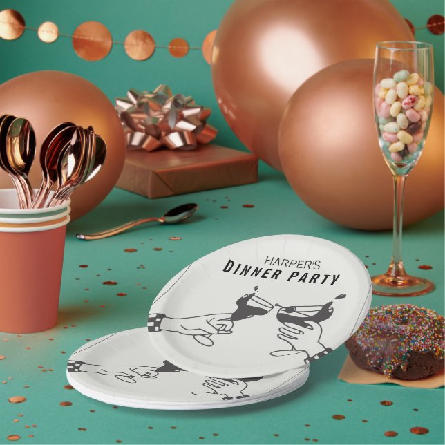 Sein und Schwarzer Retro Illustration Abendessen P Pappteller (Multi)