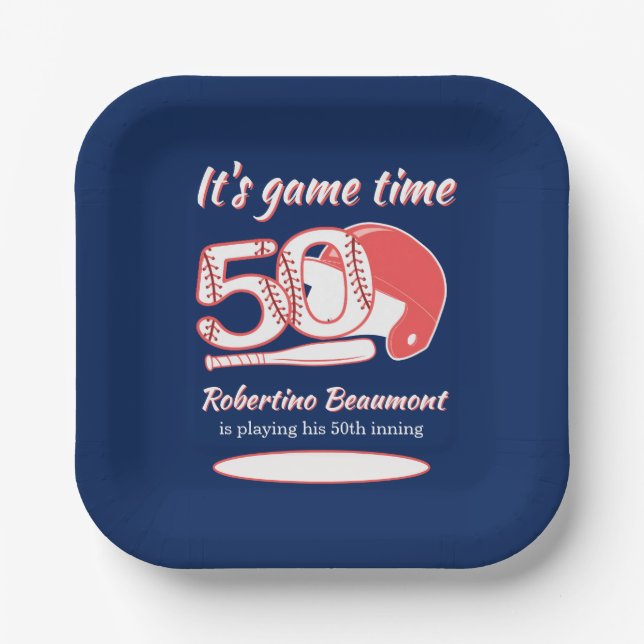 Seine 50. Inning-Baseball-Geburtstagsfeier Pappteller (Vorderseite)