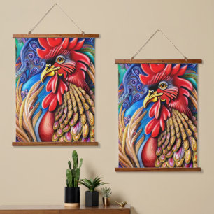 Seine Goldene Majestät - Das Rooster Wandteppich Mit Holzrahmen