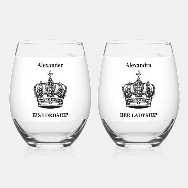 Seine Herrschaft ihre Ladyship Crown Individuelle  Weinglas Ohne Stiel (Vorderseite)