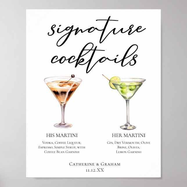 Seine Martini-Unterschrift "Wedding Cocktails Menu Poster (Vorne)