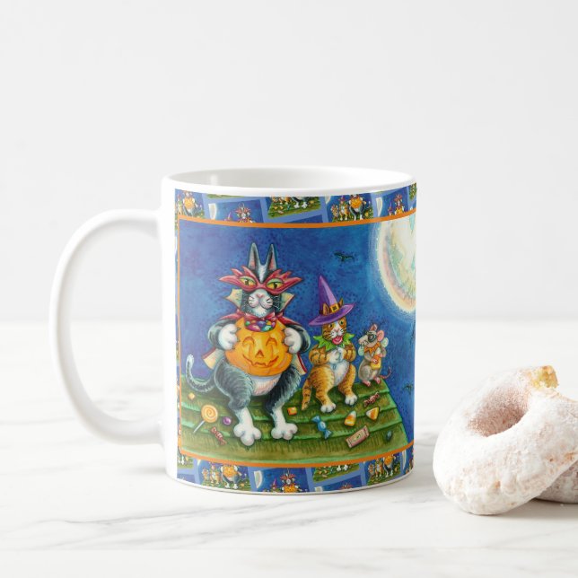 SEINE N' FITZ KATZEN, TRICK ODER BEHANDELN FUNNY H KAFFEETASSE (Mit Donut)