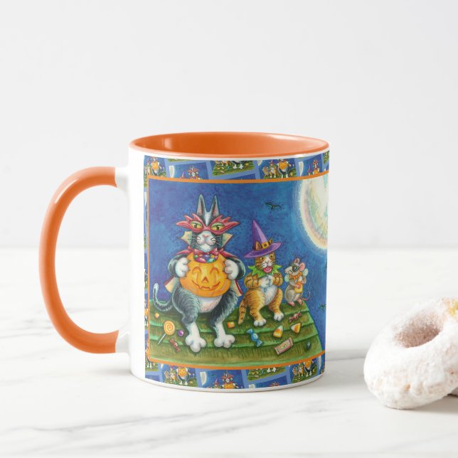 SEINE N' FITZ KATZEN, TRICK ODER BEHANDELN FUNNY H TASSE (Mit Donut)