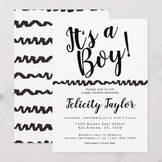 Seine Schwarz-weiße A Boy Baby Shower Typografie Einladung (Vorne/Hinten)