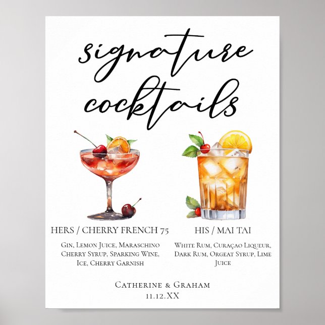 Seine sommerliche Hochzeitssignatur Cocktails Menu Poster (Vorne)