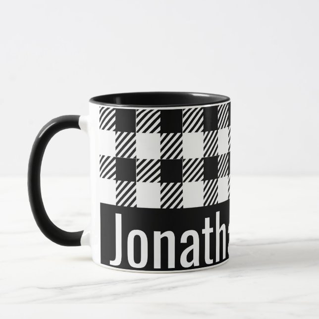 Seine Tasse Name Schwarz-weiß Gingham Karo (Links)