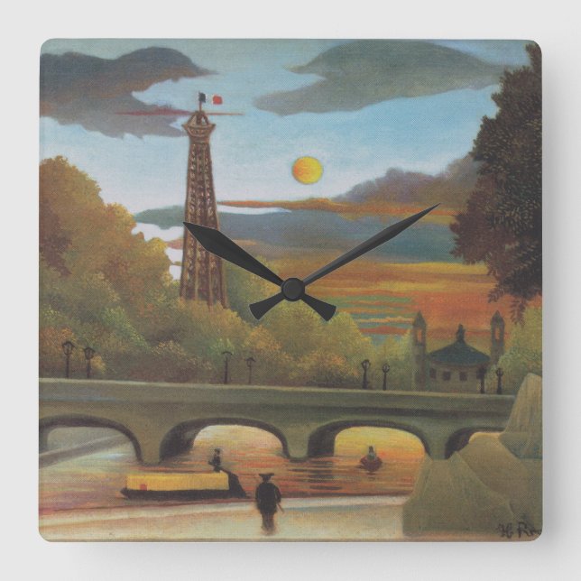 Seine und Eiffelturm bei Sunset by Henri Rousseau Quadratische Wanduhr (Vorderseite)