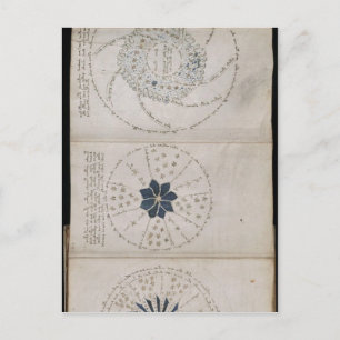 Seite 68r des Voynich-Manuskripts. Dieser Dreipag Postkarte