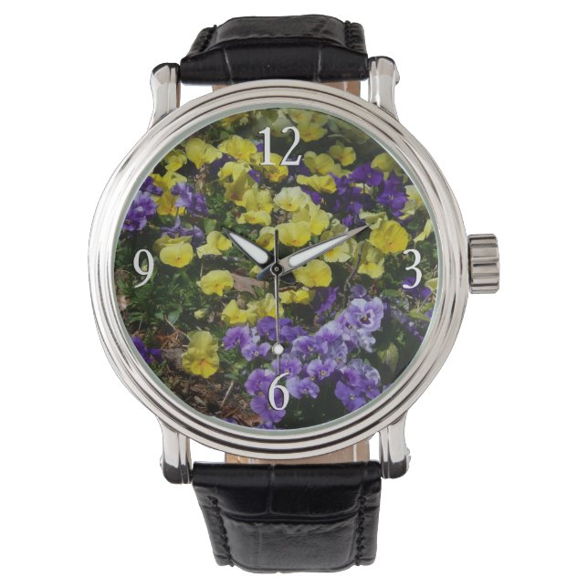 Seite der Lila und gelben Stiefmütterchen Armbanduhr (Vorderseite)