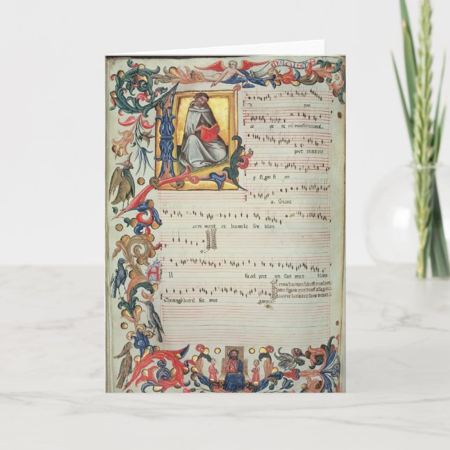 Seite der musikalischen Anmerkung mit historiated Karte (Vorderseite)