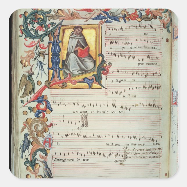 Seite der musikalischen Notation mit einer geschic Quadratischer Aufkleber (Vorderseite)