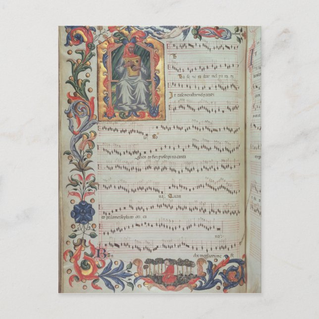 Seite der musikalischen Notation mit geschichteter Postkarte (Vorderseite)