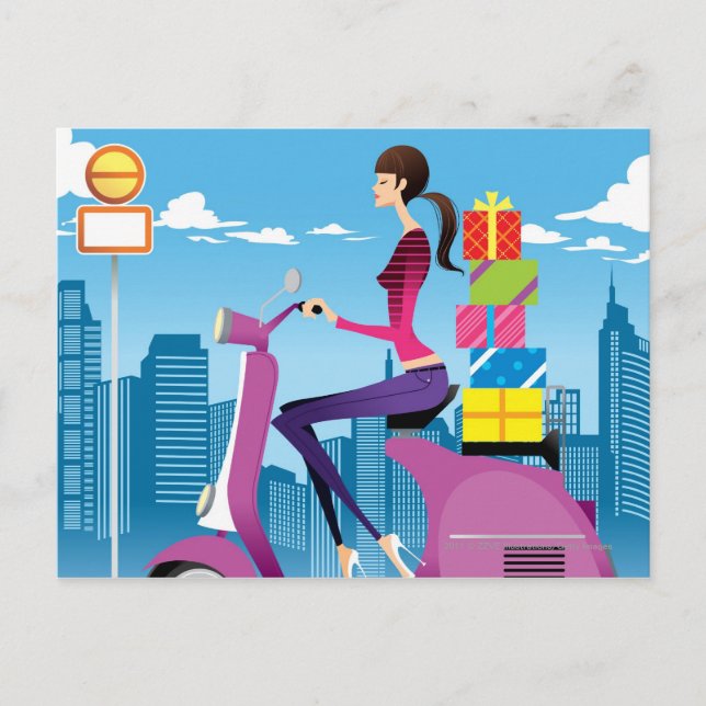 Seitenansicht der Frau mit Geschenken auf Roller Postkarte (Vorderseite)