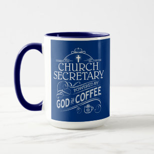 Sekretär der Kirche mit Gottes Macht und Kaffee Tasse