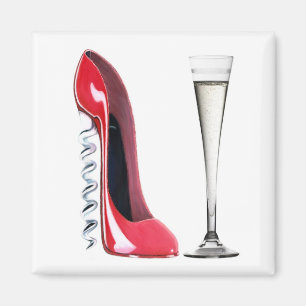 Sektkelch-Glas und Korkenzieher-Stilett-Schuh Magnet