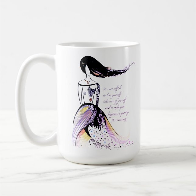 Selbst-LIEBE inspirierend illustrierte Dame Zitat Kaffeetasse (Links)