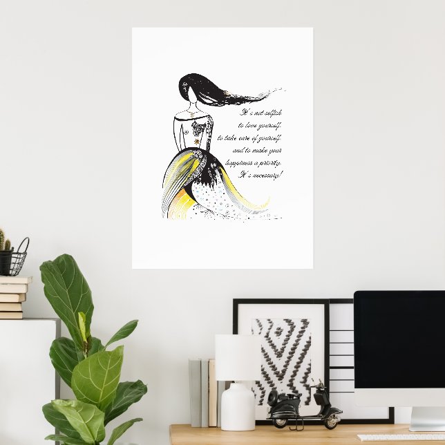 Selbst-LIEBE inspirierend illustrierte Dame Zitat Poster (Heimbüro)