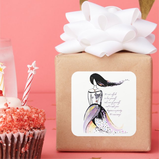 Selbstfürsorge inspirierende illustrierte Dame Zit Quadratischer Aufkleber (Party)