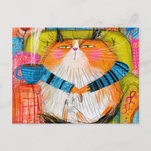 Selbstgefällige orange getigerte Katze trinkt Kaff Postkarte