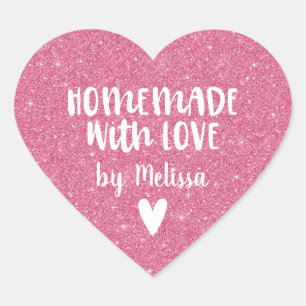 Selbstgemacht mit Liebe Pink Glitter Herz-Aufkleber