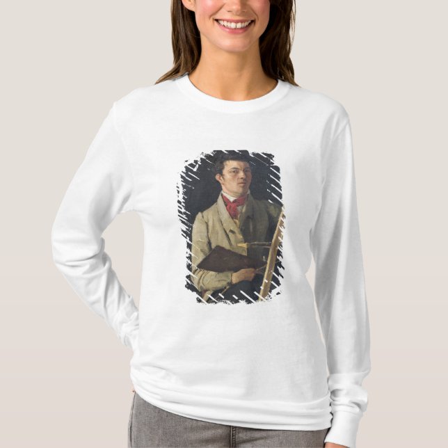 Selbstporträt, sitzend nahe bei einem Gestell, T-Shirt (Vorderseite)