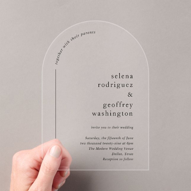 Selena Minimalistisch Arch Moderne Hochzeit Acryleinladungen (Insitu (Handheld))