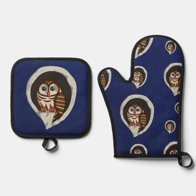 Selene the Owl Ofenhandschuh & Topflappen-Set (Vorderseite)