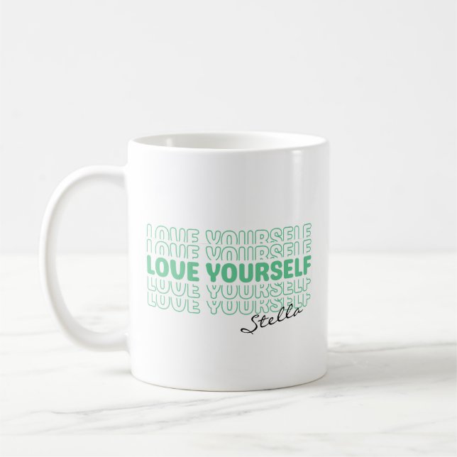 Self Love Mint Wavy Retro Custom Name Text Kaffeetasse (Links)