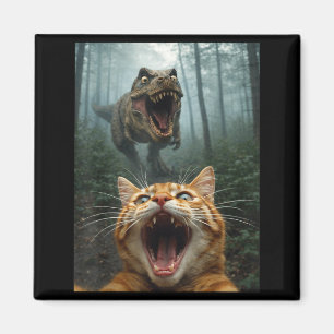 Selfie einer orangefarbenen Katze mit T-Rex-Dinosa Magnet