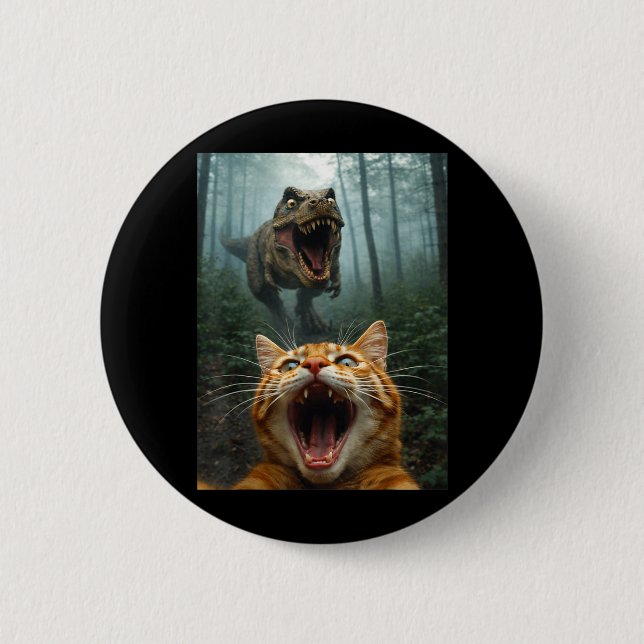 Selfie mit orange Katze und T-Rex Dinosaurier Lust Button (Vorderseite)