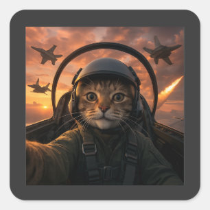 Selfie Squad Katze Lustiger Kampfjetpilot Meme Kat Quadratischer Aufkleber