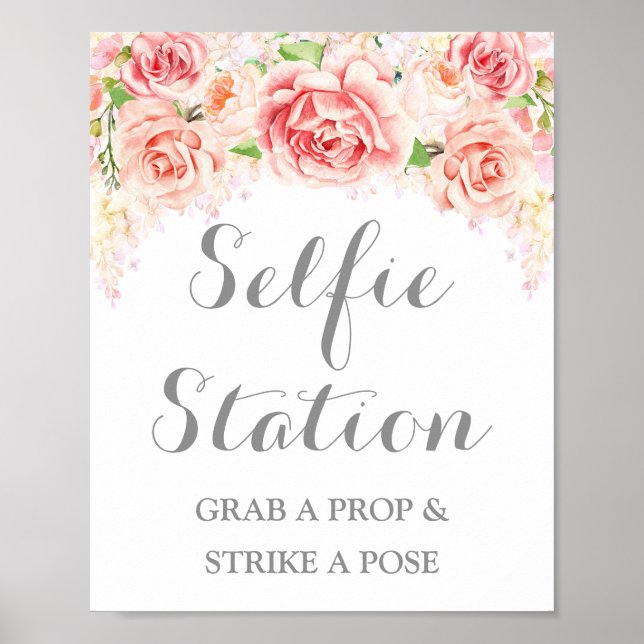 Selfie Station Hochzeitssing Pink Wasserfarbe Flor Poster (Vorne)