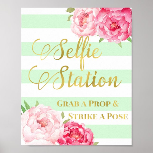 Selfie Station Signieren Rosa Blütengoldene Minzst Poster (Vorne)