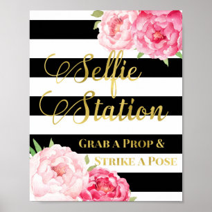 Selfie Station Signieren Rosa Blütenschwarze Strei Poster