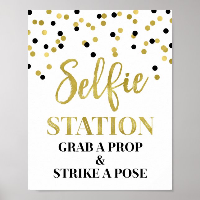 Selfie Station Wedding Sign Gold Black Confetti Poster (Vorne)