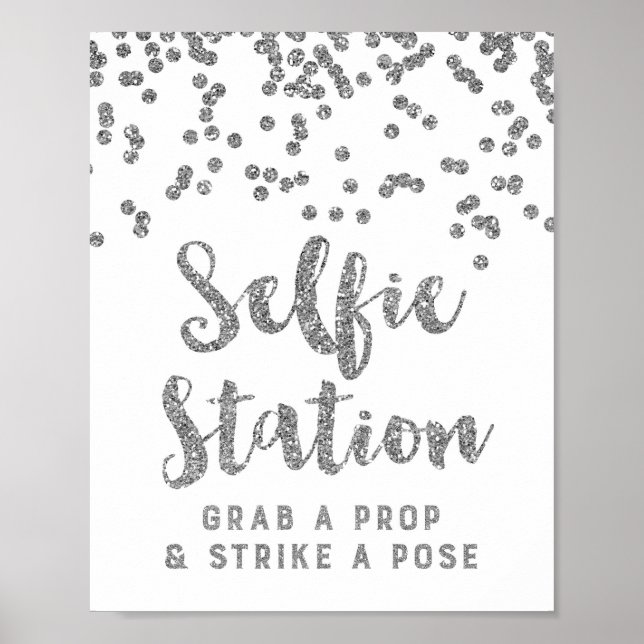 Selfie Station Wedding Sign Silver Confetti Poster (Vorne)