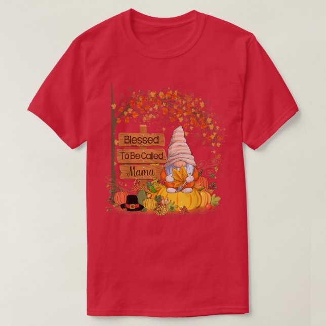 Selig genannt Mama Gnome Pumpkin Fall Danke T-Shirt (Design vorne)