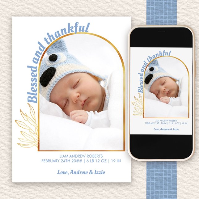 Selig und dankbar Gold Arch Foto Blue Birne Ankündigung (Arch Photo birth announcement to order printed or as a printable digital download)