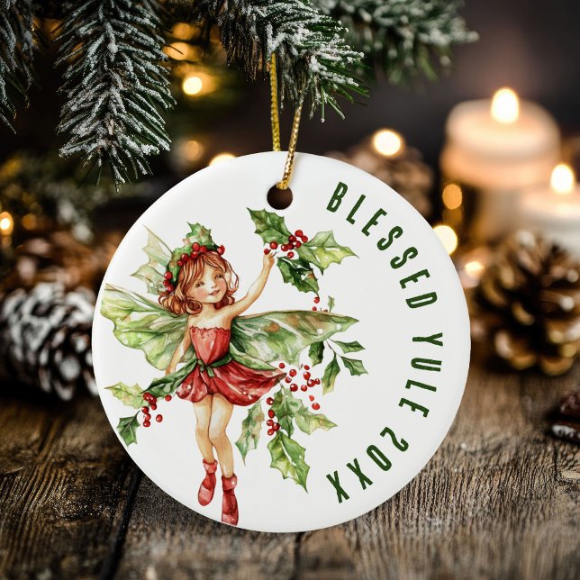 Selig Weihnachten Winter Solstice Holly Fairy Wicc Keramik Ornament (Blessed Yule Winter Solstice Holly Fairy Wicca Ceramic Ornament)