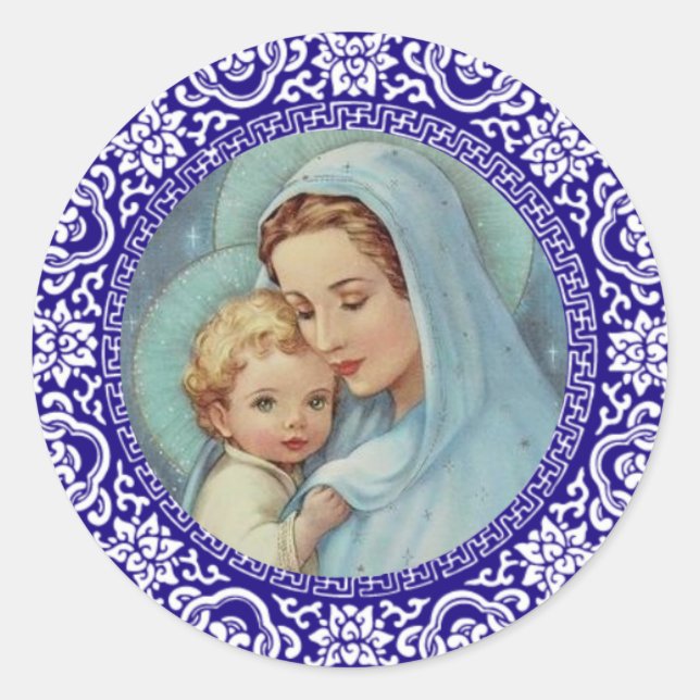 Selige Jungfrau Mary Baby Jesus Blue Border Runder Aufkleber (Vorderseite)