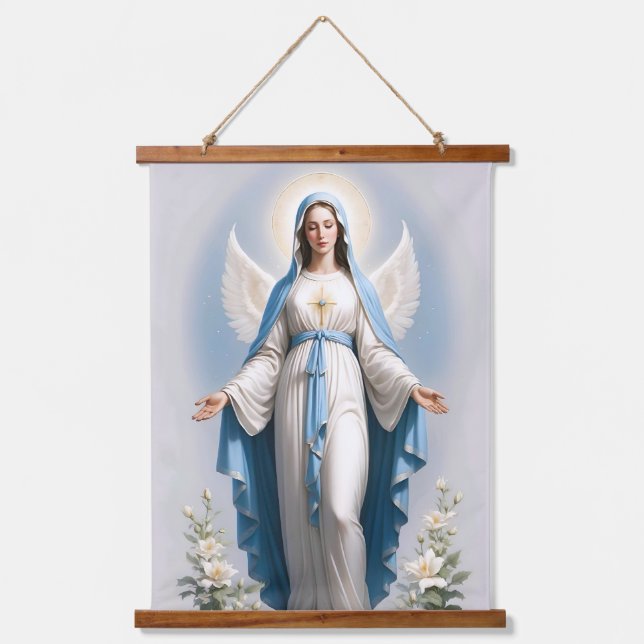 Selige Jungfrau Mary Christlich katholisch Wandteppich Mit Holzrahmen (Vorderseite)