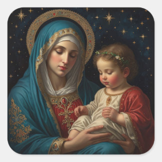 Selige Jungfrau Mary & Jesus Krippe Weihnachten Quadratischer Aufkleber