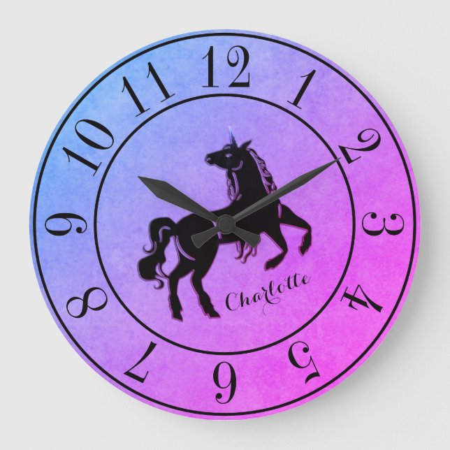 Seltenes Schwarzes Einhorn Lila Personalisiert Große Wanduhr (Vorderseite)