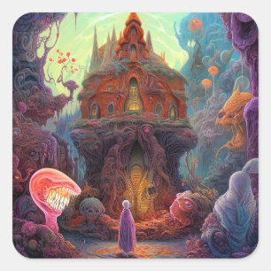 Seltsame Creepy House Surreal Art Quadratischer Aufkleber