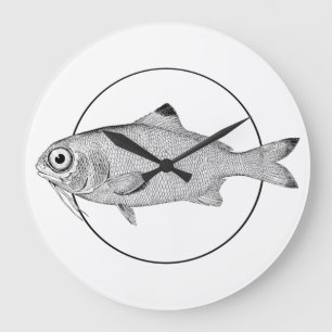 Seltsame Vintage-Fischzeichnung Große Wanduhr