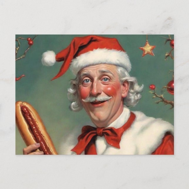 Seltsamer Weihnachtsmann mit Hot Dog Postkarte (Vorderseite)