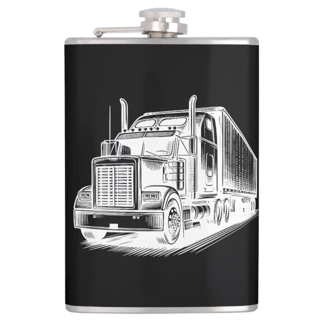 Semi Truck Diesel LKW Art Tinte zeichnend Flachmann (Vorderseite)