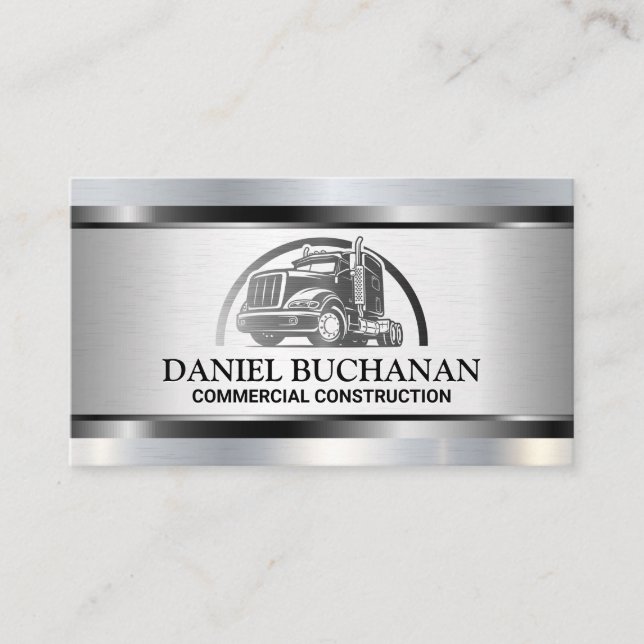 Semi Truck Metal Logo | Metallic Brushed Visitenkarte (Vorderseite)