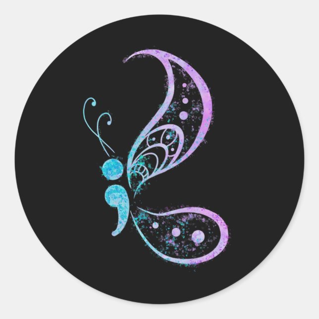Semicolon Butterfly Semi-colon Tattoo Mental Healt Runder Aufkleber (Vorderseite)