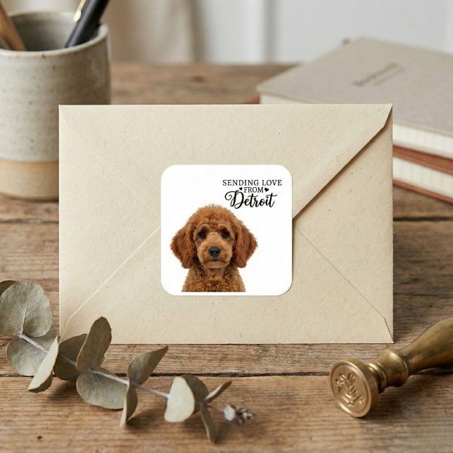 Sending Love From Detroit  Quadratischer Aufkleber (Stick Your Dog Everywhere.)